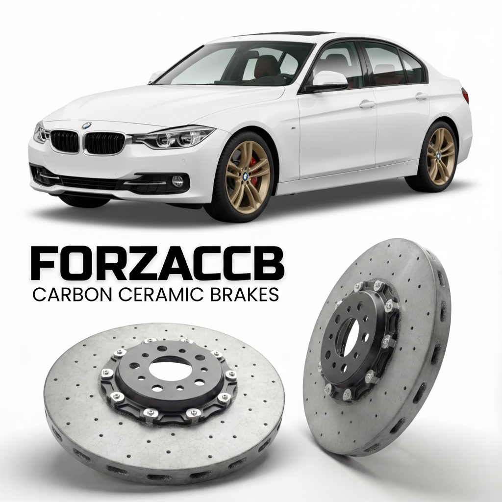 ForzaCCB direct OEM replacement carbon ceramic brake rotors for 2012 to 2019 BMW 3-Series Sedan LWB F35 models, shown with a white BMW 3-Series Sedan LWB car.