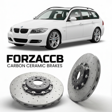 ForzaCCB direct OEM replacement carbon ceramic brake rotors for 2005 to 2012 BMW 3-Series Touring E91 models, shown with a white BMW 3-Series Touring car.