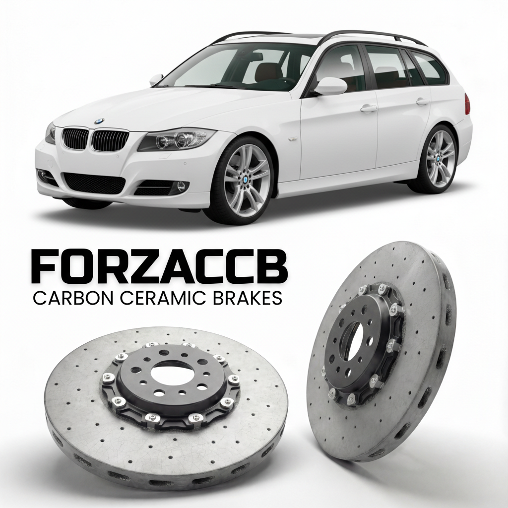 ForzaCCB direct OEM replacement carbon ceramic brake rotors for 2005 to 2012 BMW 3-Series Touring E91 models, shown with a white BMW 3-Series Touring car.