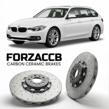 ForzaCCB direct OEM replacement carbon ceramic brake rotors for 2012 to 2019 BMW 3-Series Touring F31 models, shown with a white BMW 3-Series Touring car.
