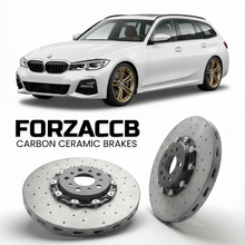 ForzaCCB direct OEM replacement carbon ceramic brake rotors for 2019-2026+ BMW 3-Series Touring G21 models, shown with a white BMW 3-Series Touring car.