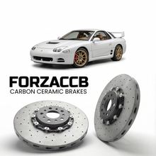 ForzaCCB direct OEM replacement carbon ceramic brake rotors for 1990 to 2000 Mitsubishi 3000 GT models, shown with a white Mitsubishi 3000 GT car.
