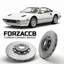 ForzaCCB direct OEM replacement carbon ceramic brake rotors for 1980 to 1981 Ferrari 308 GTBi & GTSi models, shown with a white Ferrari 308 GTBi & GTSi car.