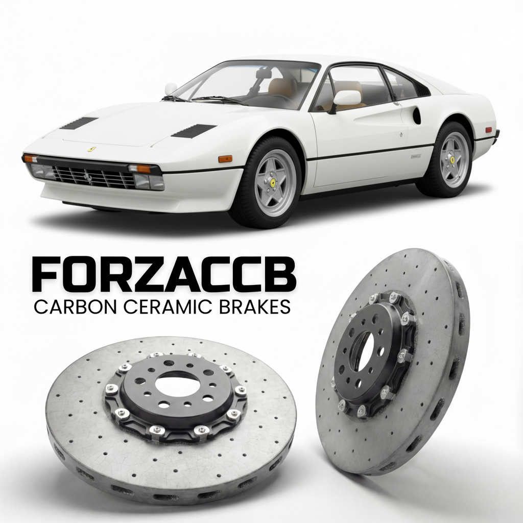 ForzaCCB direct OEM replacement carbon ceramic brake rotors for 1980 to 1981 Ferrari 308 GTBi & GTSi models, shown with a white Ferrari 308 GTBi & GTSi car.
