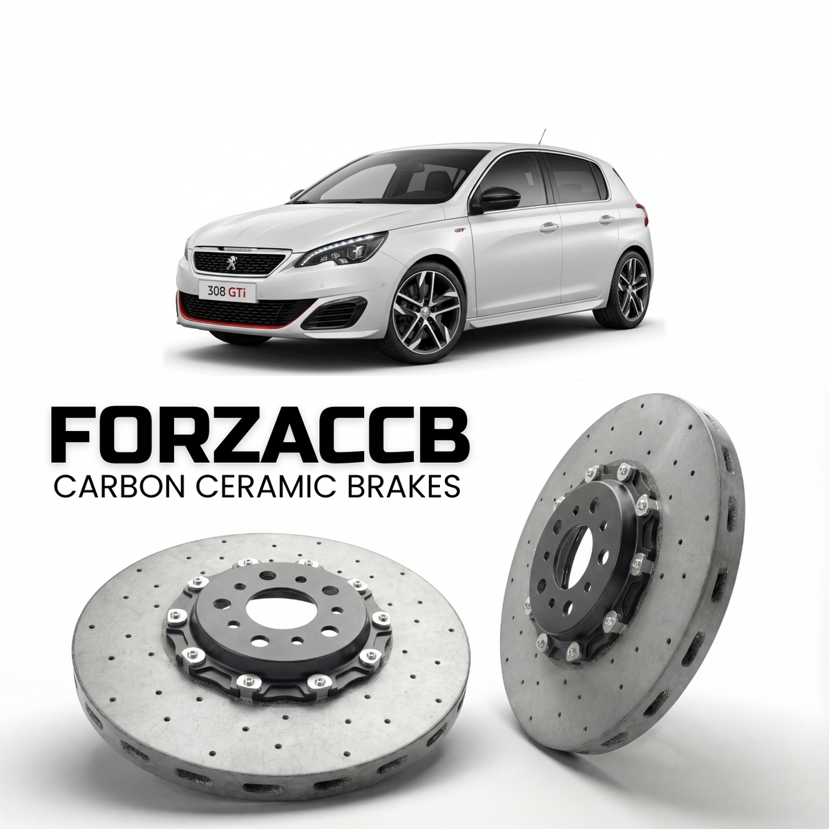 ForzaCCB direct OEM replacement carbon ceramic brake rotors for 2011 to 2019 Peugeot 308 GTi models, shown with a white Peugeot 308 GTi car.