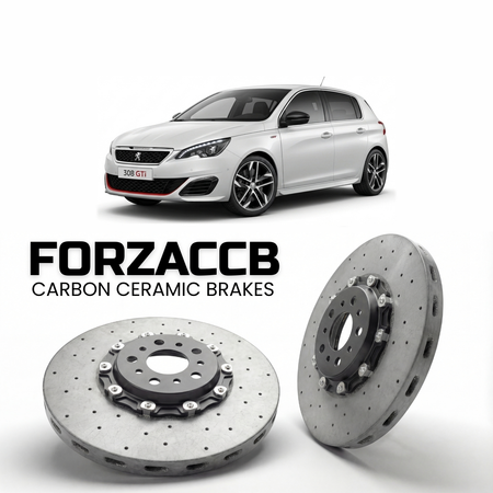 ForzaCCB direct OEM replacement carbon ceramic brake rotors for 2011 to 2019 Peugeot 308 GTi models, shown with a white Peugeot 308 GTi car.