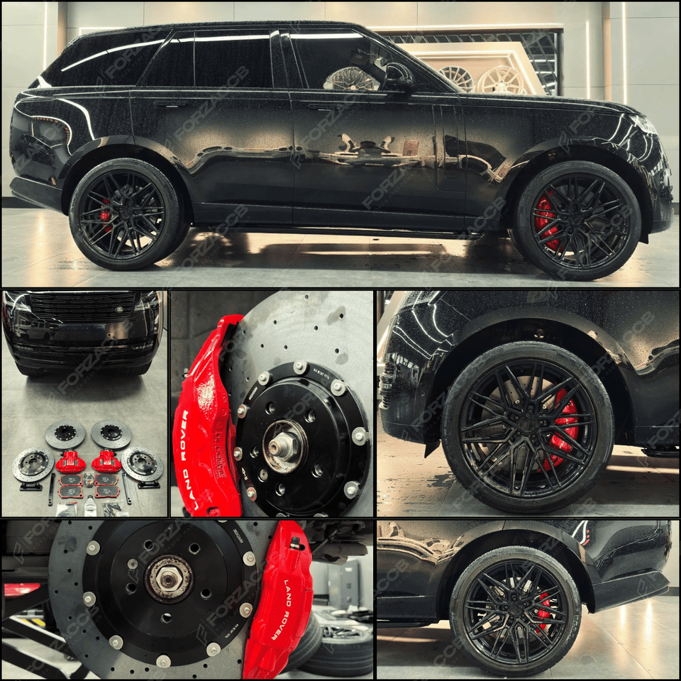 Collage of a black Land Rover Range Rover L460 (2025) with red Akebono calipers 10N and CCB rotors.