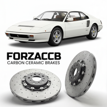 ForzaCCB direct OEM replacement carbon ceramic brake rotors for 1985 to 1989 Ferrari 3.2 Mondial models, shown with a white Ferrari 3.2 Mondial car.