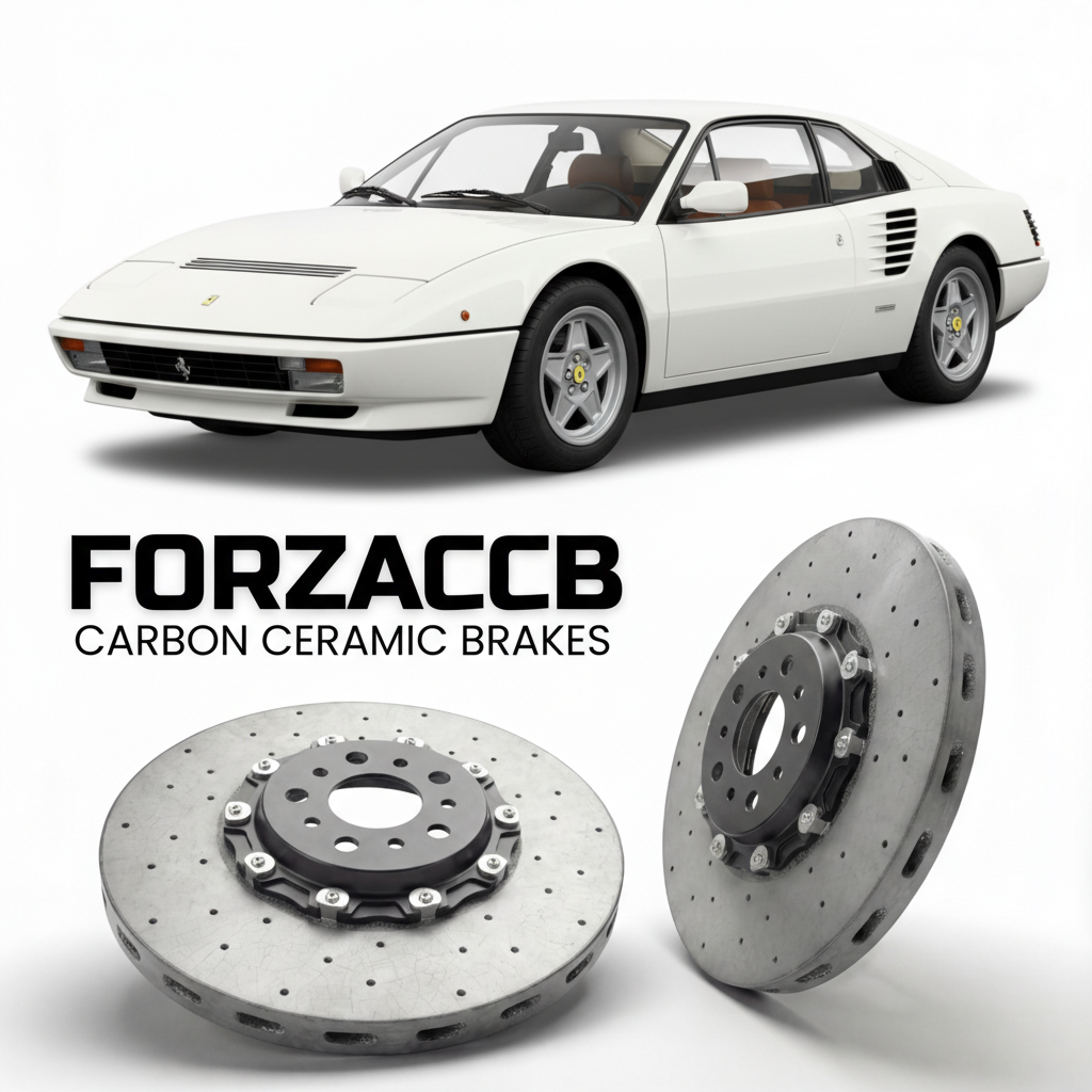 ForzaCCB direct OEM replacement carbon ceramic brake rotors for 1985 to 1989 Ferrari 3.2 Mondial models, shown with a white Ferrari 3.2 Mondial car.