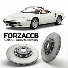 ForzaCCB direct OEM replacement carbon ceramic brake rotors for 1985 to 1989 Ferrari 3.2 Mondial Cabriolet models, shown with a white Ferrari 3.2 Mondial Cabriolet car.