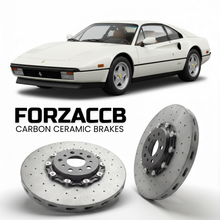 ForzaCCB direct OEM replacement carbon ceramic brake rotors for 1985 to 1989 Ferrari 328 GTB & GTS models, shown with a white Ferrari 328 GTB & GTS car.
