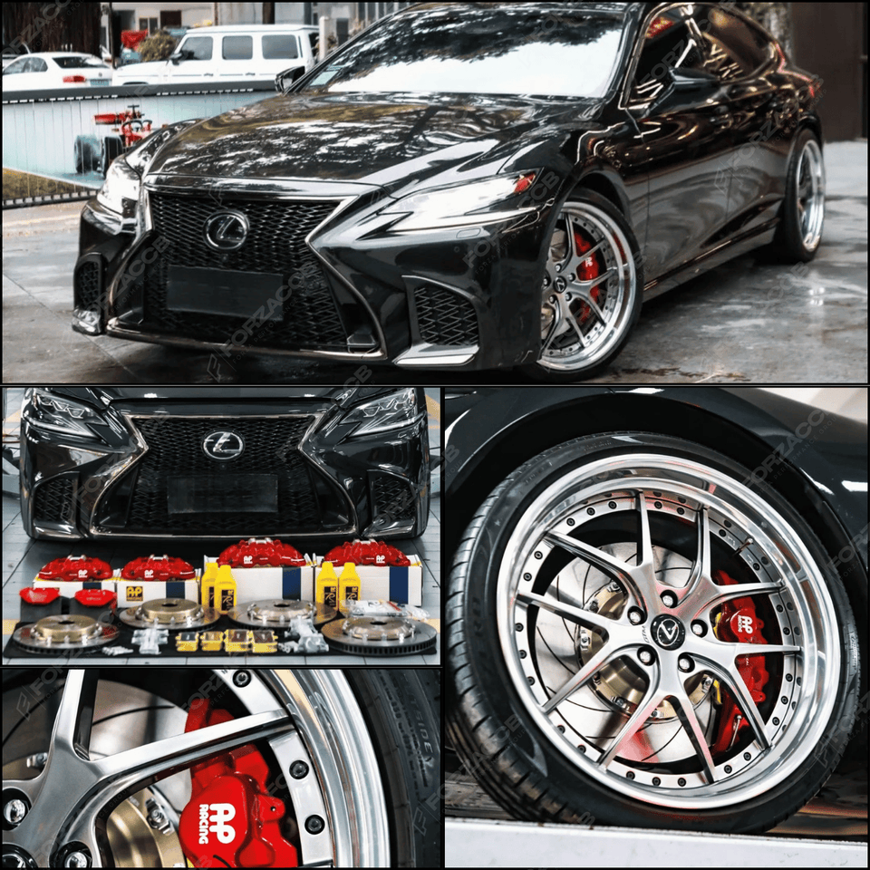 Collage of a black Lexus LS500 XF50 (2020) with close-ups of the red AP Racing big brake kit for front & rear axles.