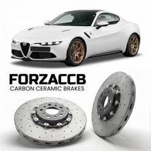 ForzaCCB direct OEM replacement carbon ceramic brake rotors for 2023 and newer Alfa Romeo 33 Stradale 2023 models, shown with a white Alfa Romeo 33 Stradale car.