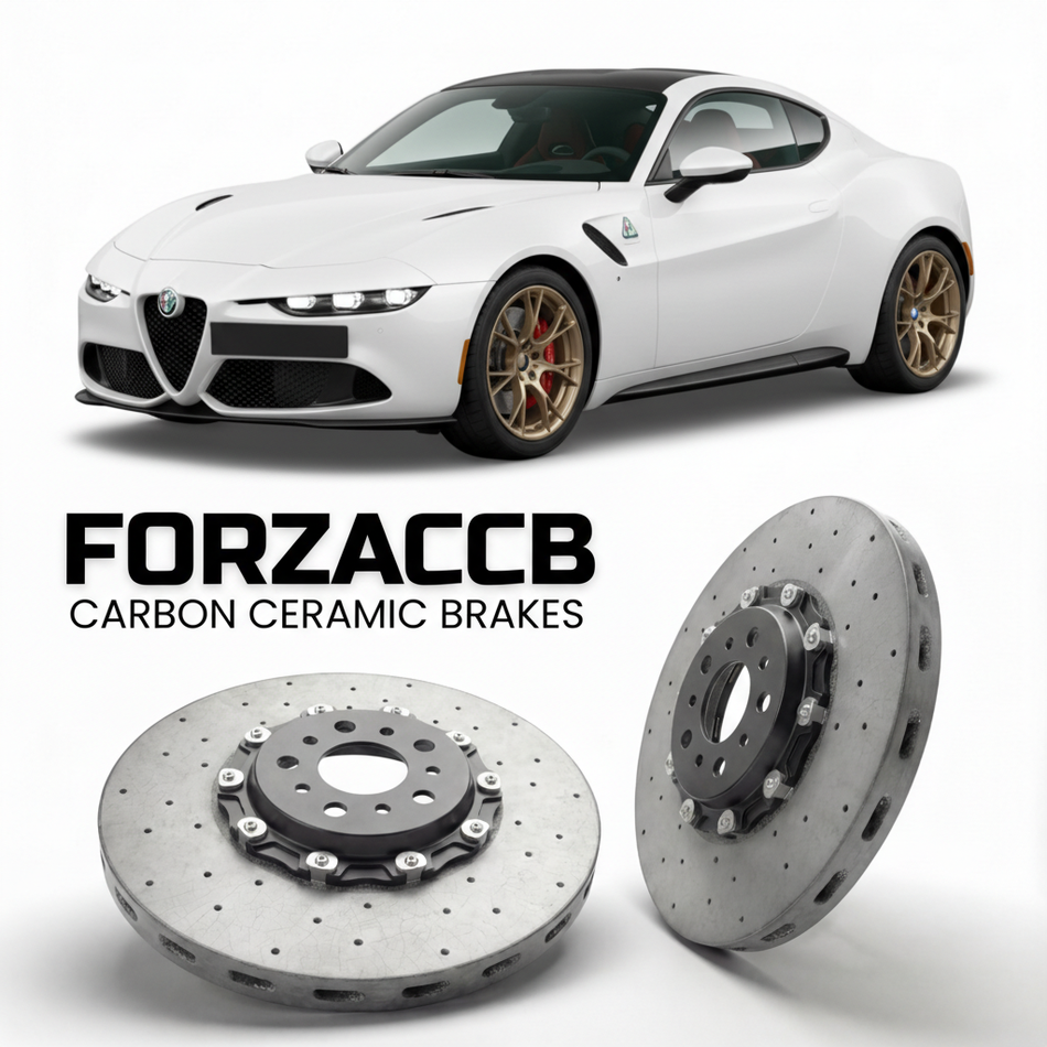 ForzaCCB direct OEM replacement carbon ceramic brake rotors for 2023 and newer Alfa Romeo 33 Stradale 2023 models, shown with a white Alfa Romeo 33 Stradale car.