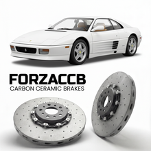 ForzaCCB direct OEM replacement carbon ceramic brake rotors for 1993 to 1995 Ferrari 348 GTB & GTS models, shown with a white Ferrari 348 GTB & GTS car.