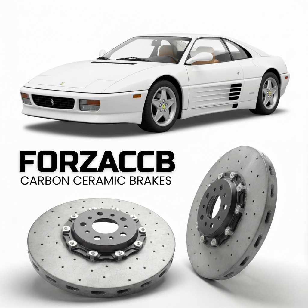 ForzaCCB direct OEM replacement carbon ceramic brake rotors for 1993 to 1995 Ferrari 348 GTB & GTS models, shown with a white Ferrari 348 GTB & GTS car.