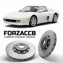 ForzaCCB direct OEM replacement carbon ceramic brake rotors for 1993 to 1995 Ferrari 348 Spider models, shown with a white Ferrari 348 Spider car.