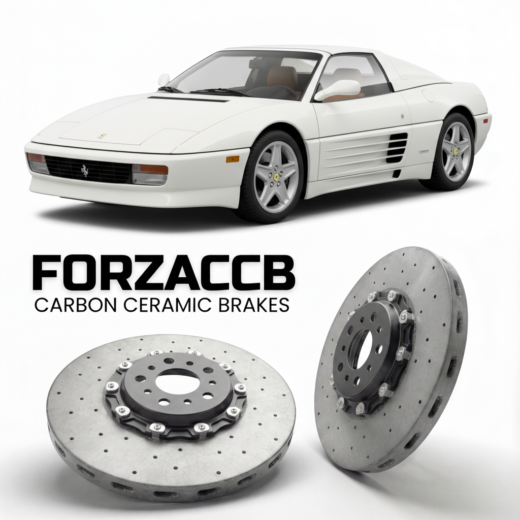 ForzaCCB direct OEM replacement carbon ceramic brake rotors for 1993 to 1995 Ferrari 348 Spider models, shown with a white Ferrari 348 Spider car.