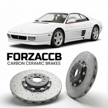 ForzaCCB direct OEM replacement carbon ceramic brake rotors for 1989 to 1993 Ferrari 348 TB & TS models, shown with a white Ferrari 348 TB & TS car.