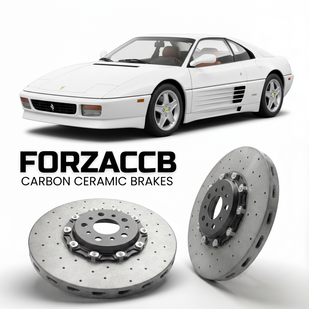 ForzaCCB direct OEM replacement carbon ceramic brake rotors for 1989 to 1993 Ferrari 348 TB & TS models, shown with a white Ferrari 348 TB & TS car.