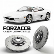 ForzaCCB direct OEM replacement carbon ceramic brake rotors for 1997 to 1999 Ferrari 355 F1 models, shown with a white Ferrari 355 F1 car.