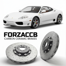 ForzaCCB direct OEM replacement carbon ceramic brake rotors for 2003 to 2004 Ferrari 360 Challenge Stradale models, shown with a white Ferrari 360 Challenge Stradale car.
