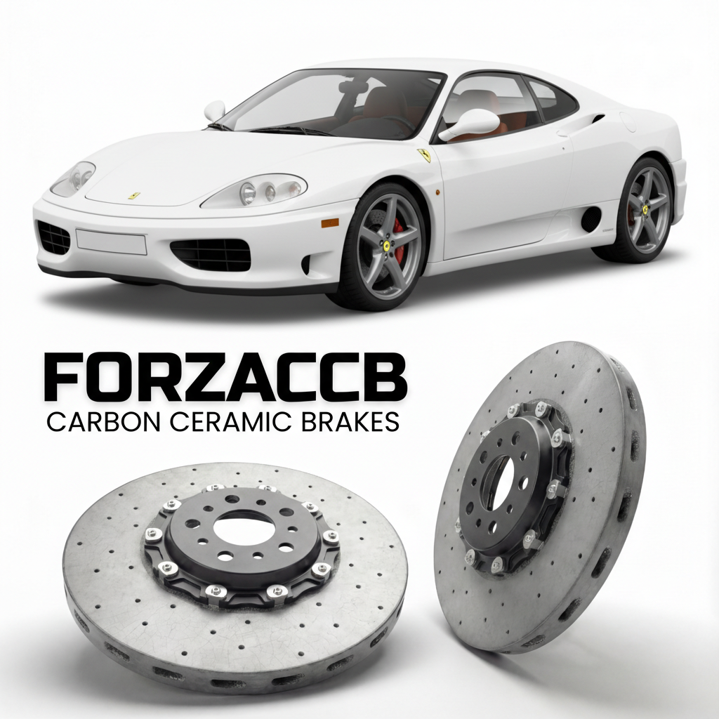 ForzaCCB direct OEM replacement carbon ceramic brake rotors for 2003 to 2004 Ferrari 360 Challenge Stradale models, shown with a white Ferrari 360 Challenge Stradale car.