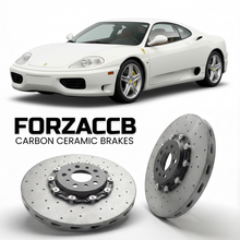 ForzaCCB direct OEM replacement carbon ceramic brake rotors for 1999 to 2004 Ferrari 360 Modena models, shown with a white Ferrari 360 Modena car.