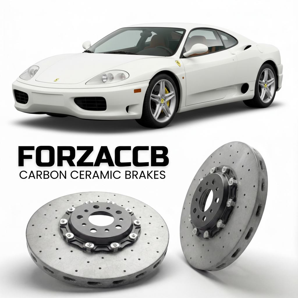 ForzaCCB direct OEM replacement carbon ceramic brake rotors for 1999 to 2004 Ferrari 360 Modena models, shown with a white Ferrari 360 Modena car.