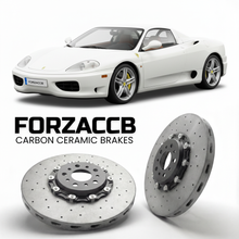 ForzaCCB direct OEM replacement carbon ceramic brake rotors for 1999 to 2004 Ferrari 360 Spider models, shown with a white Ferrari 360 Spider car.