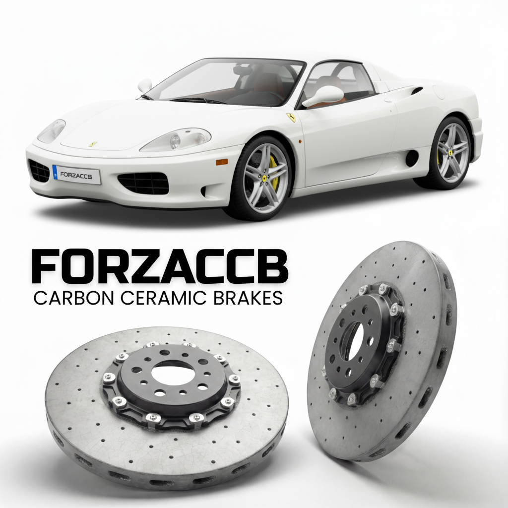 ForzaCCB direct OEM replacement carbon ceramic brake rotors for 1999 to 2004 Ferrari 360 Spider models, shown with a white Ferrari 360 Spider car.