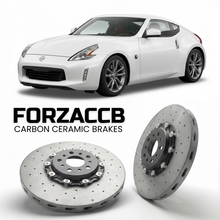 ForzaCCB direct OEM replacement carbon ceramic brake rotors for 2010 to 2021 Nissan 370Z Z34 models, shown with a white Nissan 370Z car.