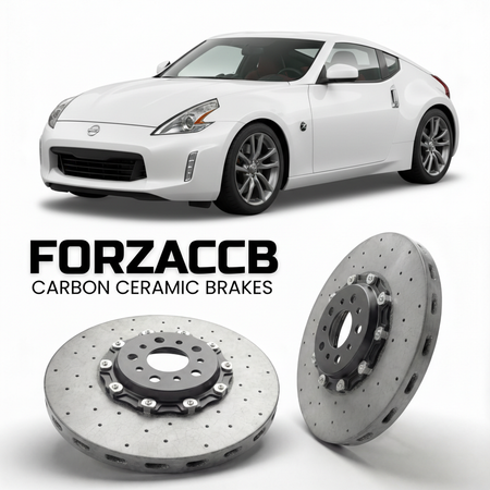 ForzaCCB direct OEM replacement carbon ceramic brake rotors for 2010 to 2021 Nissan 370Z Z34 models, shown with a white Nissan 370Z car.