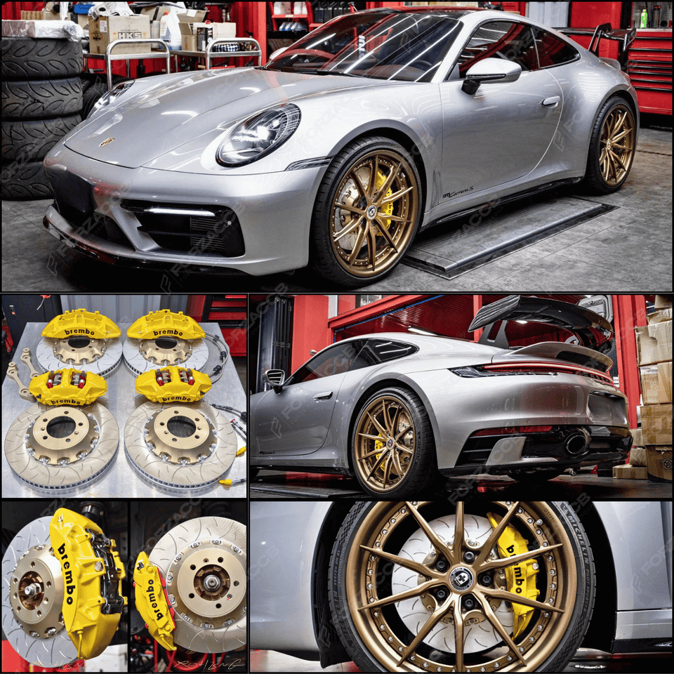 Collage of a silver Porsche 911 (992) Carrera S (2021) with gold wheels and Brembo brake components in a garage setting.