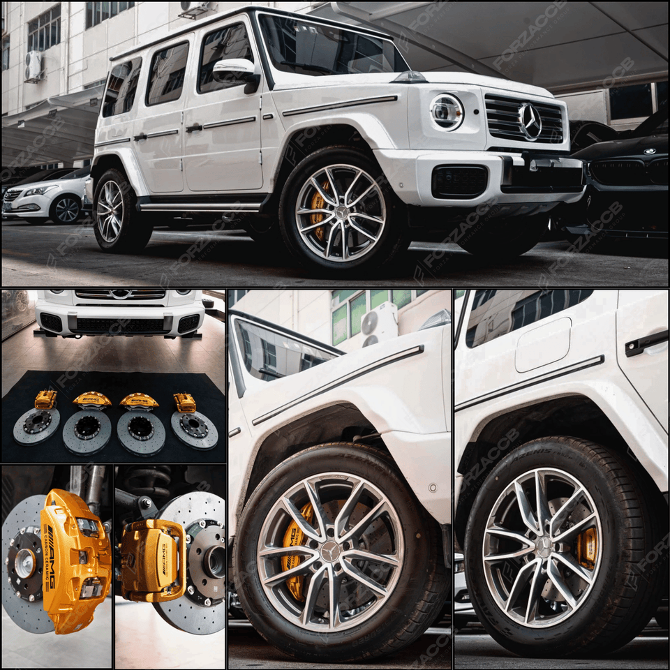 Collage of a white Mercedes-Benz G-Class G500 W463A (2022) with bronze AMG calipers paired with CCB rotors.