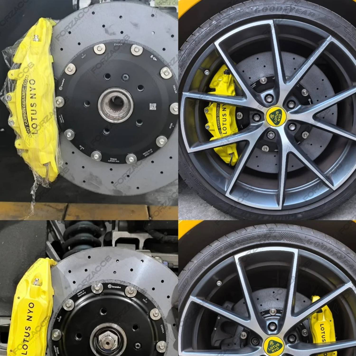 ForzaCCB carbon ceramic brake rotor paired with a red Audi RS multi-piston brake caliper and Goodridge brake lines.