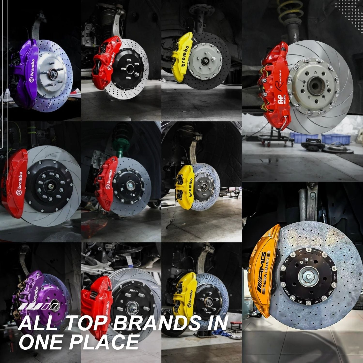 Collage of high-performance brake kits installed on multiple vehicles, featuring large drilled and slotted rotors with colorful calipers from brands like Brembo, AP Racing, and AMG Carbon Ceramic, with the text "All top brands in one place."