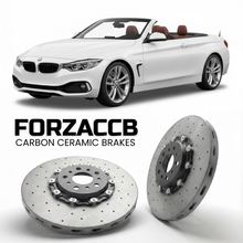 ForzaCCB direct OEM replacement carbon ceramic brake rotors for 2014 to 2020 BMW 4-Series Convertible F33 models, shown with a white BMW 4-Series Convertible car.