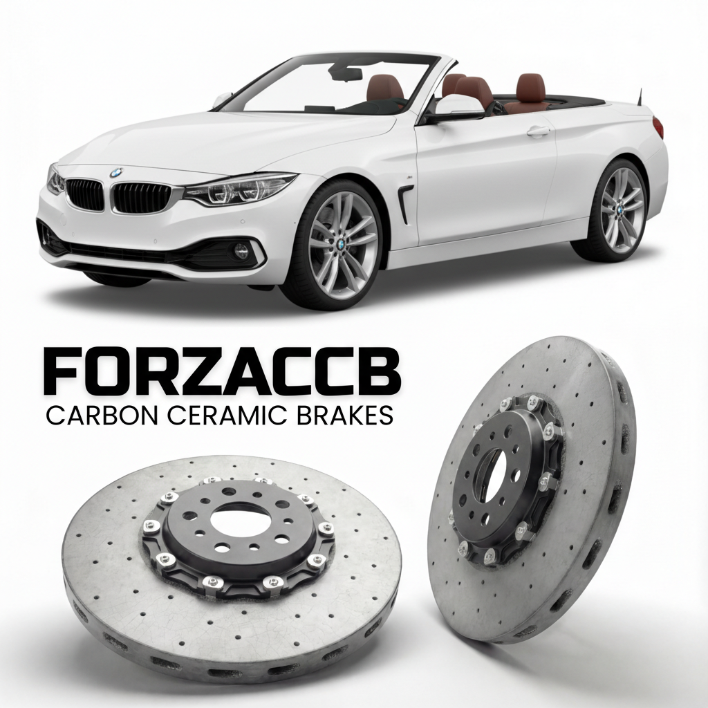 ForzaCCB direct OEM replacement carbon ceramic brake rotors for 2014 to 2020 BMW 4-Series Convertible F33 models, shown with a white BMW 4-Series Convertible car.