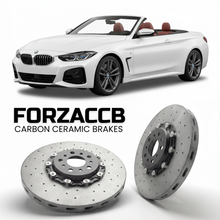 ForzaCCB direct OEM replacement carbon ceramic brake rotors for 2021-2026+ BMW 4-Series Convertible G23 models, shown with a white BMW 4-Series Convertible car.