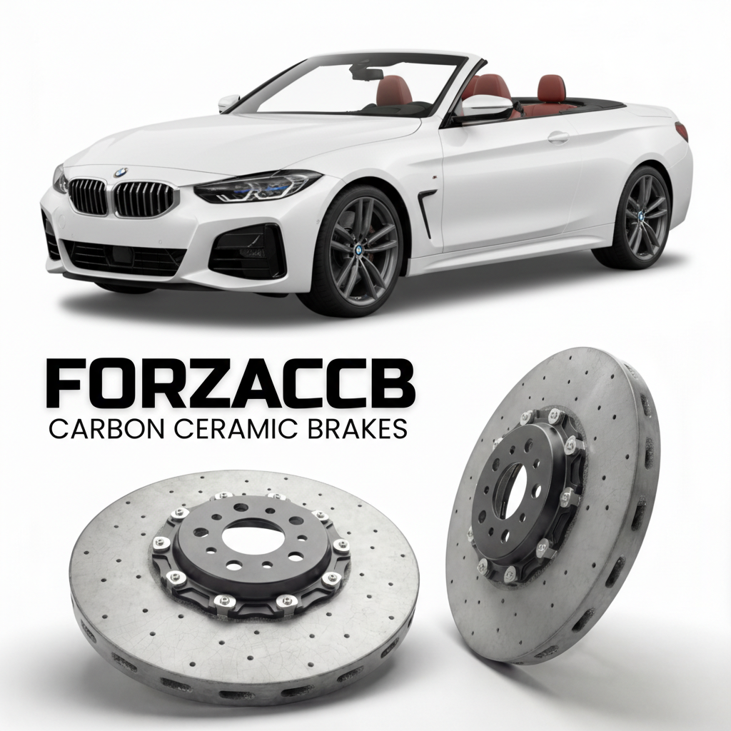 ForzaCCB direct OEM replacement carbon ceramic brake rotors for 2021-2026+ BMW 4-Series Convertible G23 models, shown with a white BMW 4-Series Convertible car.