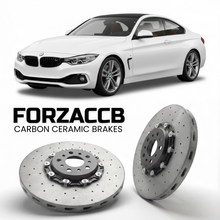 ForzaCCB direct OEM replacement carbon ceramic brake rotors for 2014 to 2020 BMW 4-Series Coupe F32 models, shown with a white BMW 4-Series Coupe car.