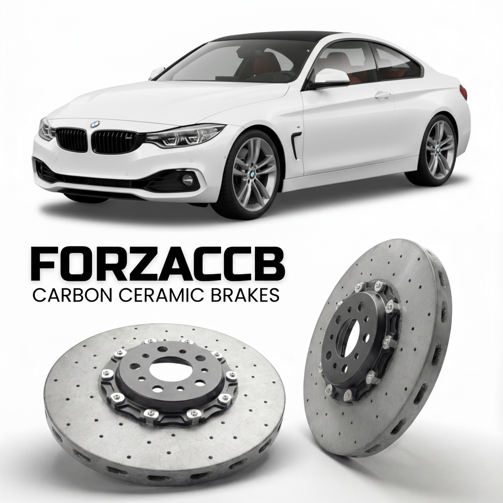 ForzaCCB direct OEM replacement carbon ceramic brake rotors for 2014 to 2020 BMW 4-Series Coupe F32 models, shown with a white BMW 4-Series Coupe car.