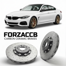 ForzaCCB direct OEM replacement carbon ceramic brake rotors for 2020-2026+ BMW 4-Series Coupe G22 models, shown with a white BMW 4-Series Coupe car.