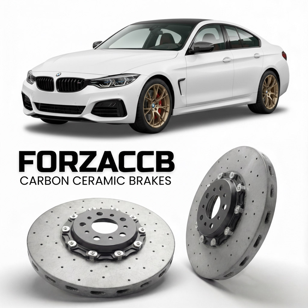 ForzaCCB direct OEM replacement carbon ceramic brake rotors for 2020-2026+ BMW 4-Series Coupe G22 models, shown with a white BMW 4-Series Coupe car.