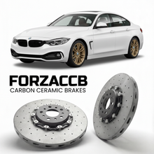 ForzaCCB direct OEM replacement carbon ceramic brake rotors for 2014 to 2020 BMW 4-Series Gran Coupe F36 models, shown with a white BMW 4-Series Gran Coupe car.