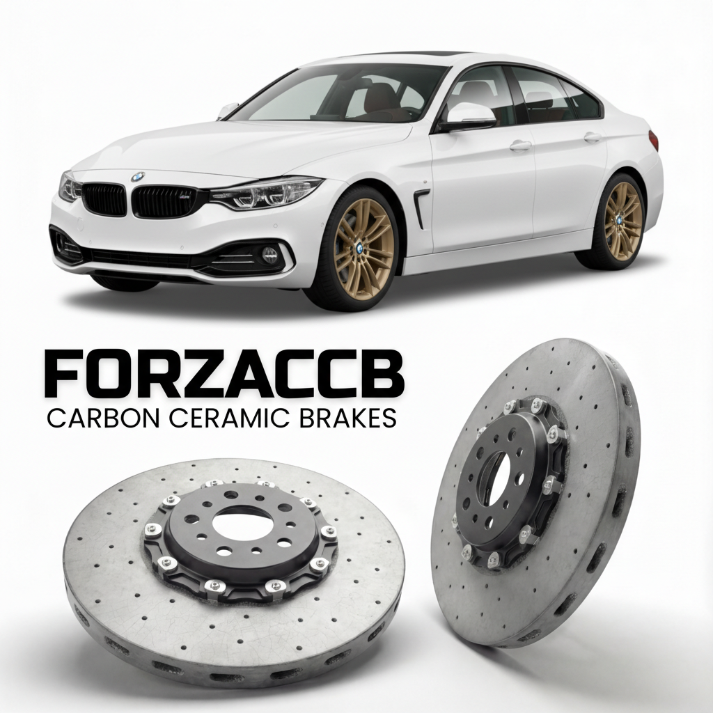 ForzaCCB direct OEM replacement carbon ceramic brake rotors for 2014 to 2020 BMW 4-Series Gran Coupe F36 models, shown with a white BMW 4-Series Gran Coupe car.