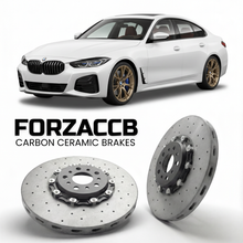 ForzaCCB direct OEM replacement carbon ceramic brake rotors for 2021-2026+ BMW 4-Series Gran Coupe G26 models, shown with a white BMW 4-Series Gran Coupe car.