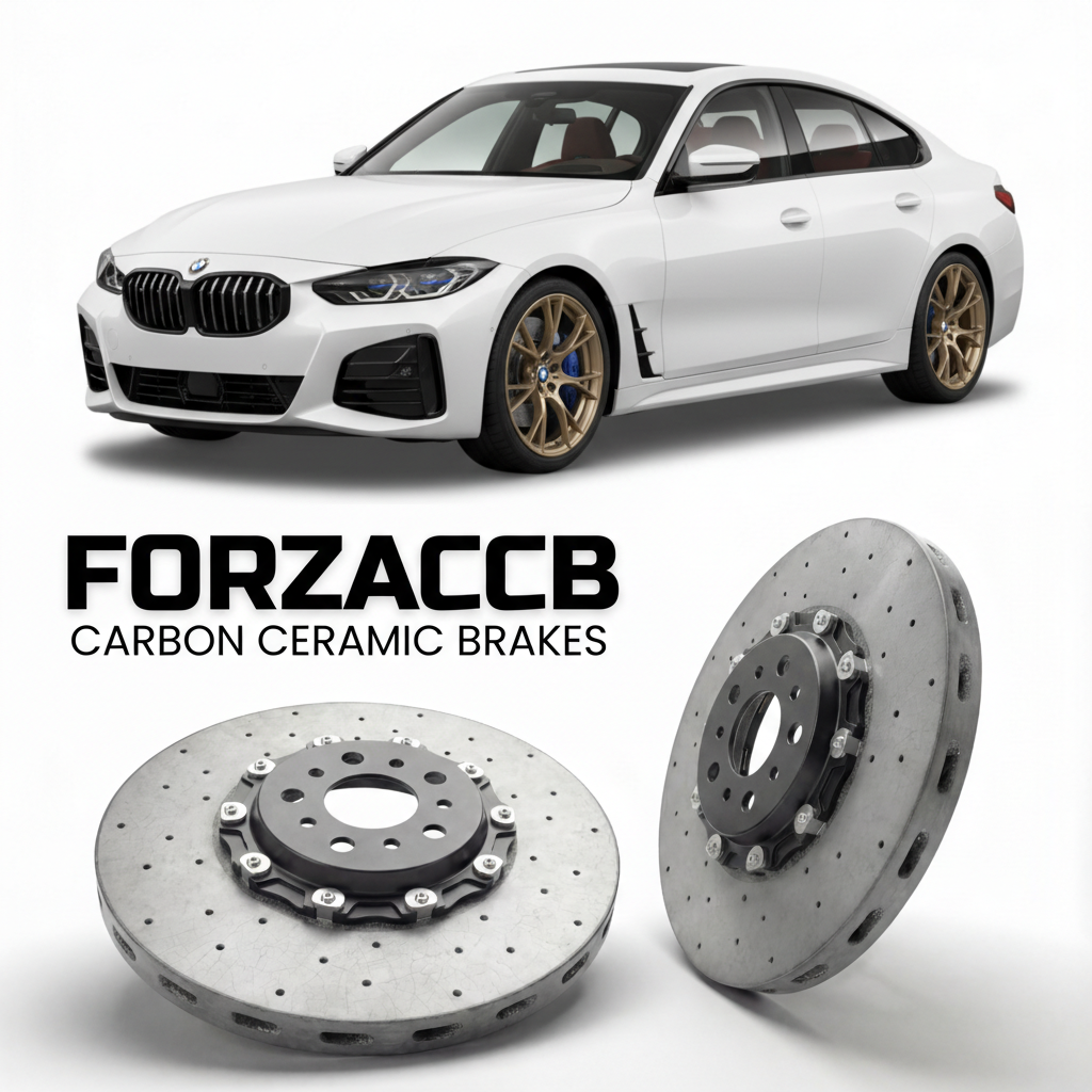 ForzaCCB direct OEM replacement carbon ceramic brake rotors for 2021-2026+ BMW 4-Series Gran Coupe G26 models, shown with a white BMW 4-Series Gran Coupe car.