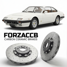 ForzaCCB direct OEM replacement carbon ceramic brake rotors for 1979 to 1985 Ferrari 400i models, shown with a white Ferrari 400i car.